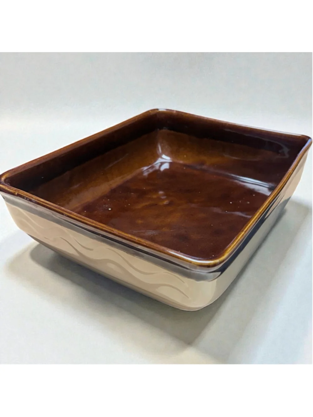 Vintage Mid-Century Stoneware Casserole Dish Brown & Beige Rectangular Baker
